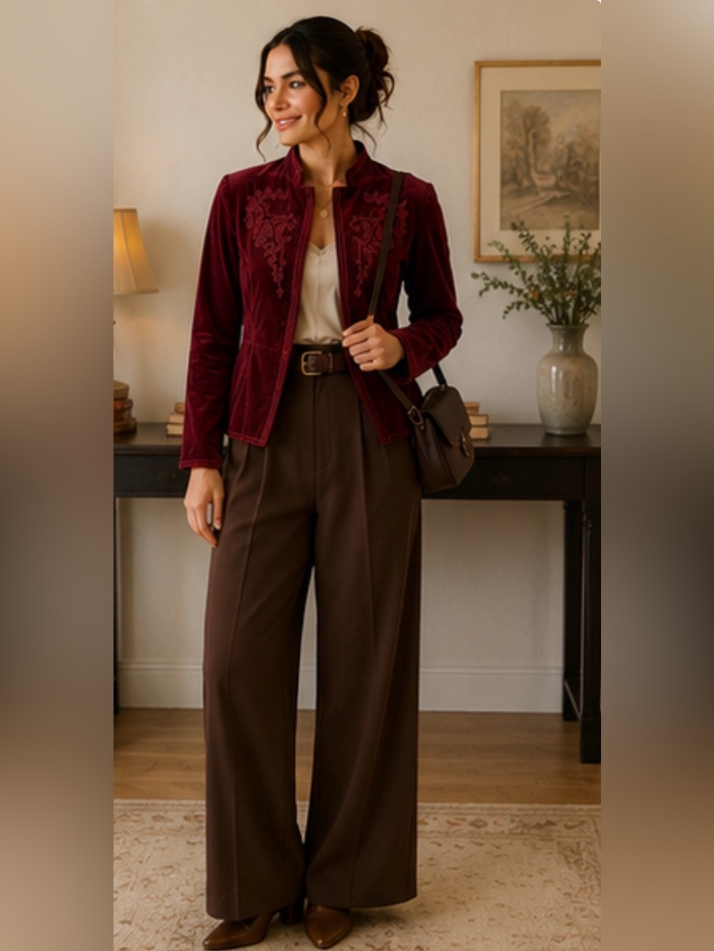 Hillard & Hanson Burgundy Velvet Embroidered Jacket Size L Romantic Boho